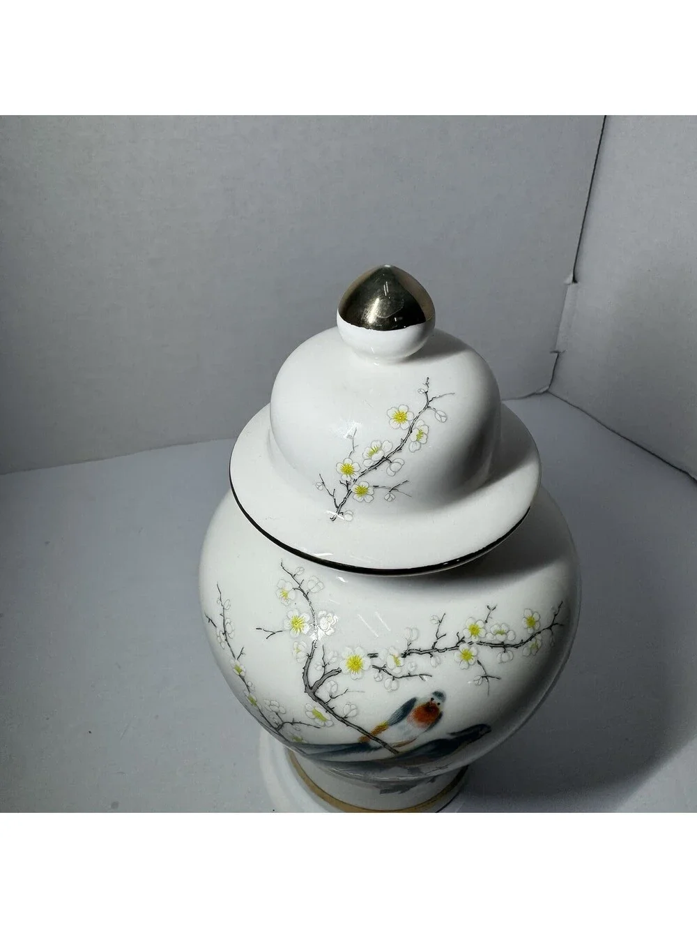 Vintage Jay Fine China Lidded Ginger Jar with Bird and Cherry Blossom Made Japan